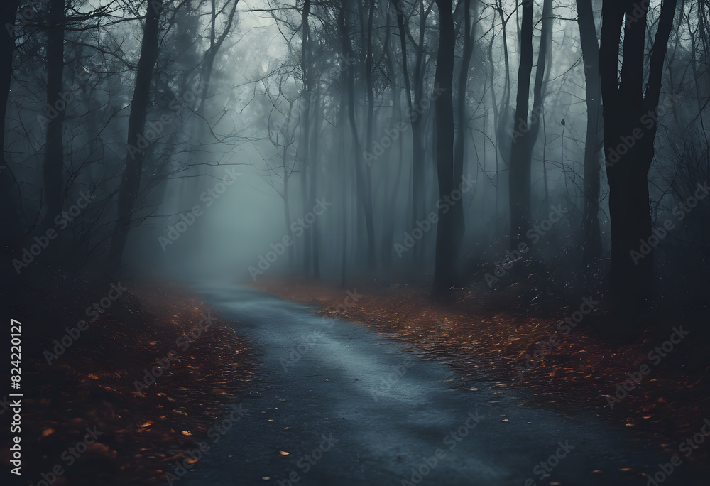 Fototapeta premium A foggy forest path with bare trees and fallen leaves on the ground. The atmosphere is eerie and mysterious.