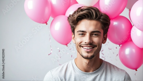 handsome guy with pink balloons and confetti happy smiling plain bright background © SevenThreeSky