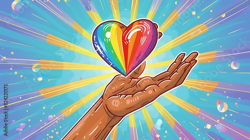 A playful depiction of a hand holding a rainbow heart aloft, radiating joy and acceptance in honor of pride month.