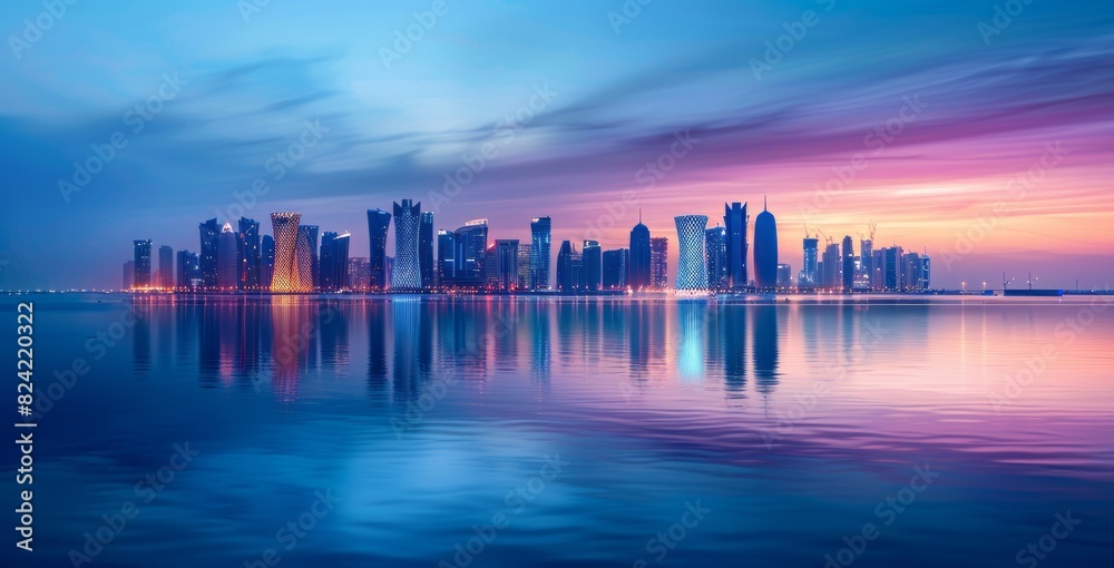 Photo of the landscape The city skyline seen at sunset with the sea in front and buildings reflected on its surface