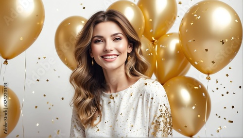 pretty woman with gold balloons and confetti happy smiling plain bright background