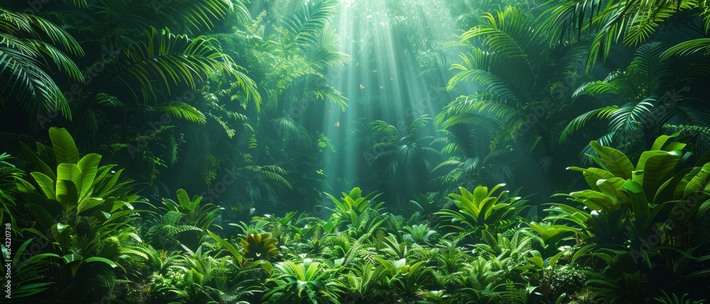 Background Tropical. Enveloped by verdant foliage, the rainforest transforms into a symphony of green, where each leaf, vine, and branch adds to the harmonious and constantly shifting melody.