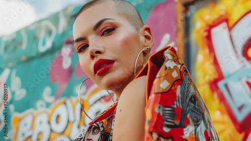Stunning bald woman with hoop earrings and red lipstick poses in front of a colorful graffiti wall.