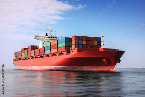A large red ship is sailing in the ocean