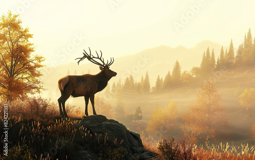 A majestic elk stands on a hilltop, surrounded by the vibrant colors of an autumn forest. Early morning mist and golden light create a serene and ethereal atmosphere, highlighting the elk's silhouette