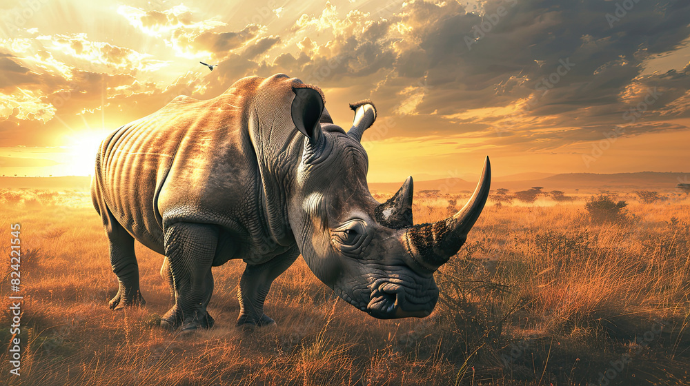 Fototapeta premium A majestic rhinoceros stands in a grassy savanna, bathed in the golden glow of a dramatic sunset, with a dusty background enhancing the serene wilderness.