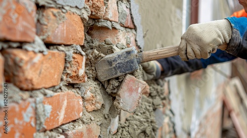 Using a combination of sledgehammers and prying tools workers carefully remove bricks from the wall one by one. photo