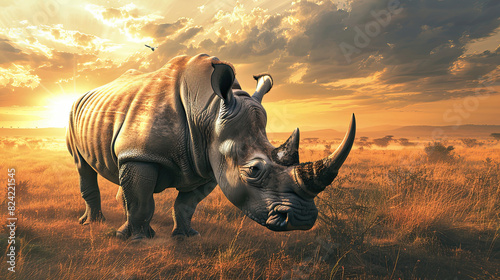 A majestic rhinoceros stands in a grassy savanna  bathed in the golden glow of a dramatic sunset  with a dusty background enhancing the serene wilderness.