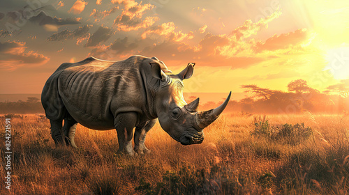 A rhinoceros stands in a grassy savanna  bathed in the dramatic golden light of a dusty sunset  with the serene wilderness stretching out behind it.