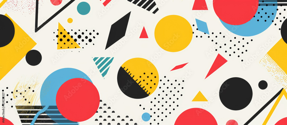 A vibrant and dynamic background illustration with bold geometric shapes, featuring bright colors like reds, yellows, blues, black dots, triangles, circles, and squares in an abstract pattern A vibrant and dynamic background illustration with bold geometric shapes, featuring bright colors like reds, yellows, blues, black dots, triangles, circles, and squares in an abstract pattern