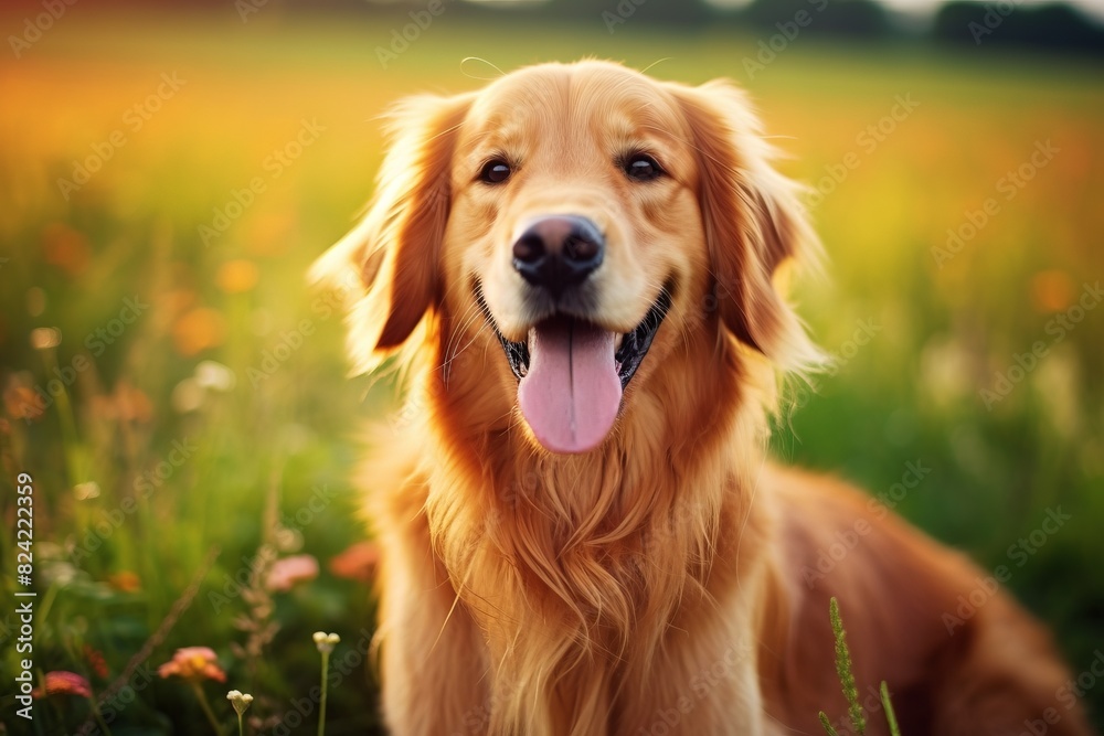 A golden retriever is sitting in a field of flowers A golden retriever is sitting in a field of flowers