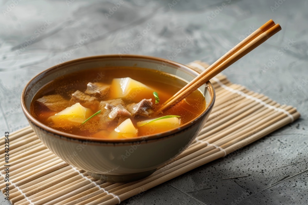 Double-boiled Spare Rib Soup with Chinese Yam and Snow Pear with chopsticks served in a dish isolated on mat side view on grey background - generative ai Double-boiled Spare Rib Soup with Chinese Yam and Snow Pear with chopsticks served in a dish isolated on mat side view on grey background - generative ai