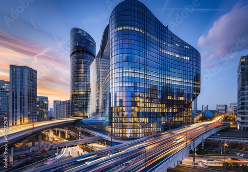 The business district's tasteful curved architecture, with glass and steel exteriors, stands tall on the skyline at dusk
