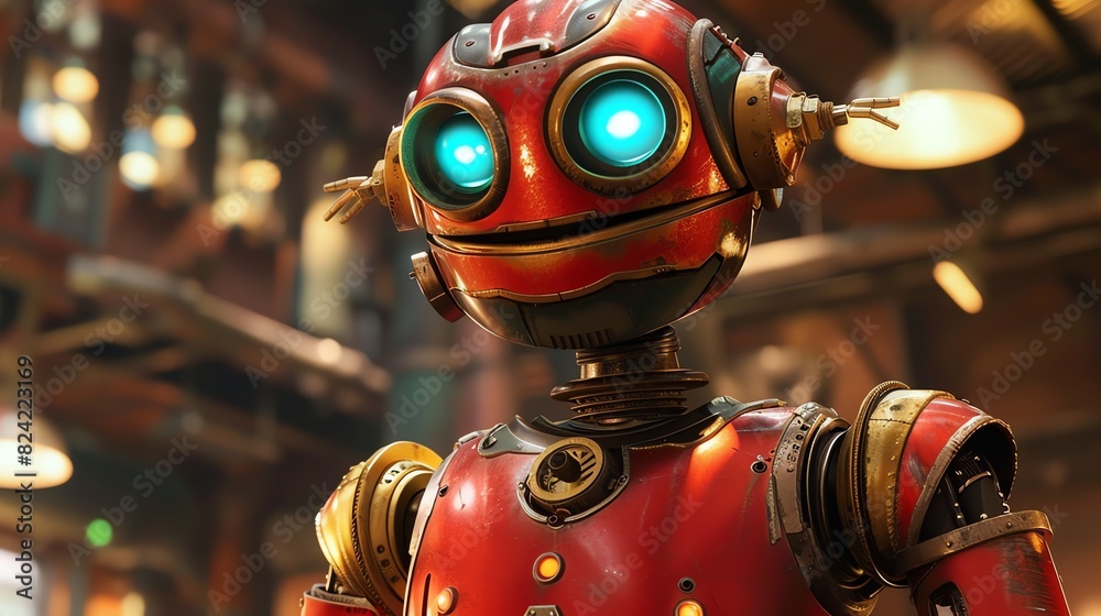 Fototapeta premium A steampunk robot with a red and gold body and blue eyes is standing in a dark room. The robot is looking at the camera with a curious expression.