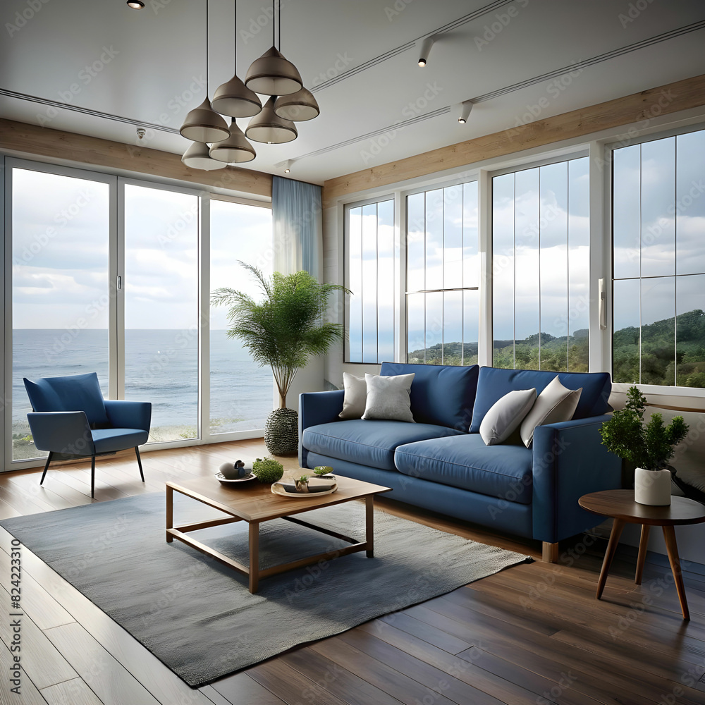 Fototapeta premium cozy living room with a blue sofa a coffee table