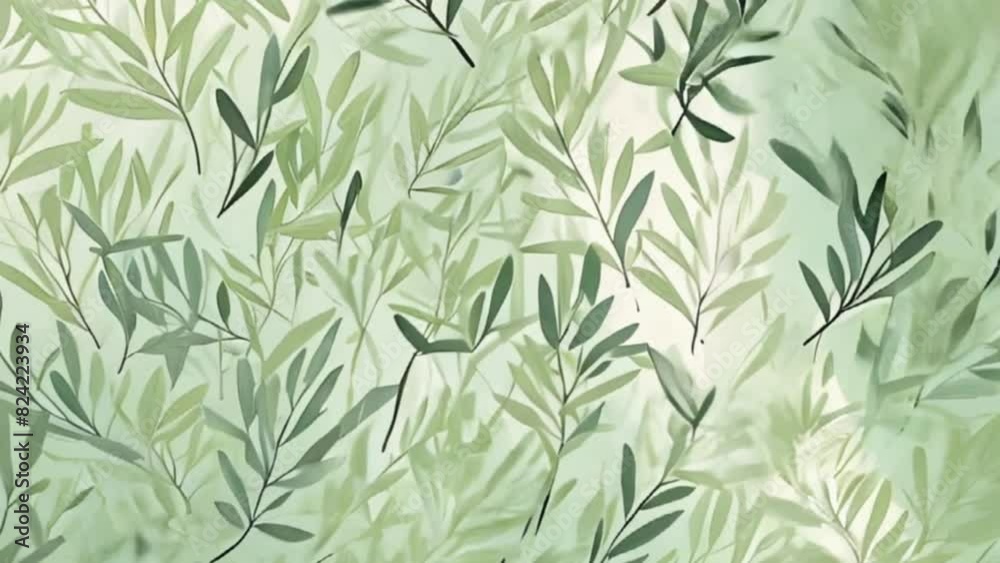 watercolor willow leaves pastel light green pattern background, motion