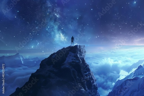 lone figure gazing at starry universe from mountaintop futuristic technology concept