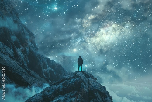 lone figure gazing at starry universe from mountaintop futuristic technology concept photo
