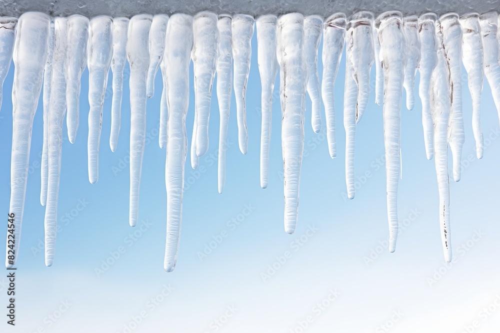 A long line of icicles hanging from a roof A long line of icicles hanging from a roof