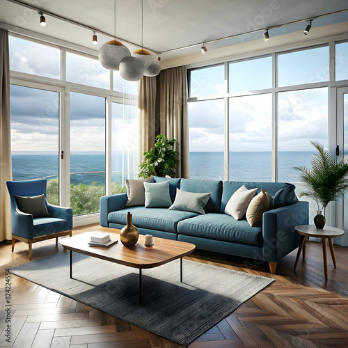 cozy living room with a blue sofa a coffee table