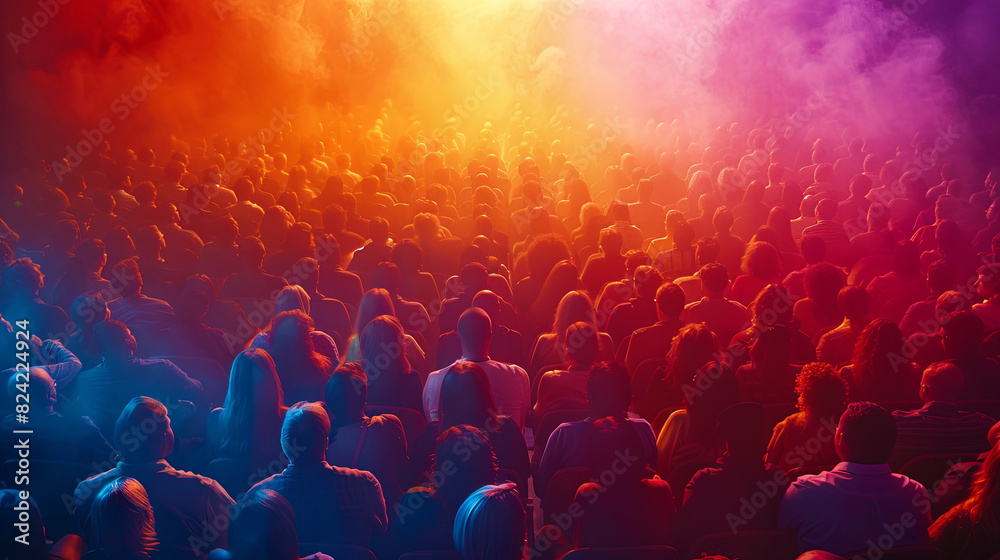 Obraz premium Crowd of people dancing at a rave party with colorful laser lights.