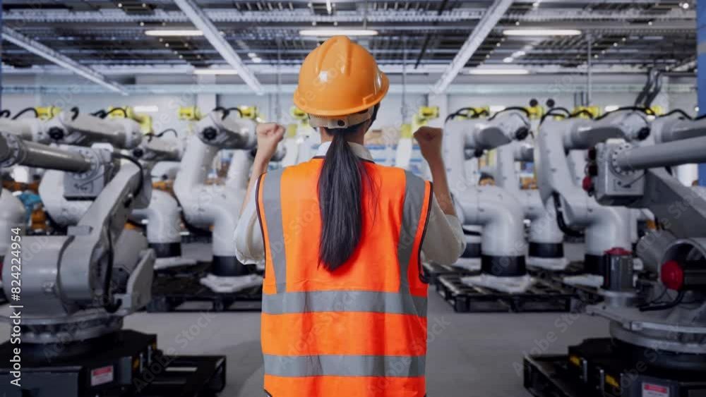 Back View Of A Female Engineer With Safety Helmet Raising Her Hands Celebrating While Working With Robotic Arms Back View Of A Female Engineer With Safety Helmet Raising Her Hands Celebrating While Working With Robotic Arms