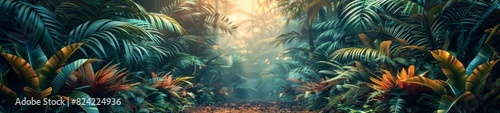 Background Tropical. Enveloped by verdant foliage, the rainforest is a dynamic classroom, where one can explore the intricate connections between plants, animals, and their habitat. © BlockAI