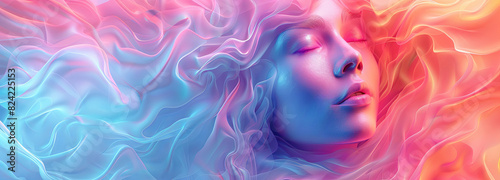 Portrait of a beautiful woman with flowing, rainbow colored hair and a serene expression on her face.