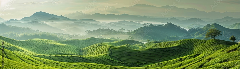 The green tea fields, create an endless sea under the morning sun and mountains in the distance The green tea fields, create an endless sea under the morning sun and mountains in the distance
