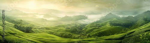 The green tea fields, create an endless sea under the morning sun and mountains in the distance
