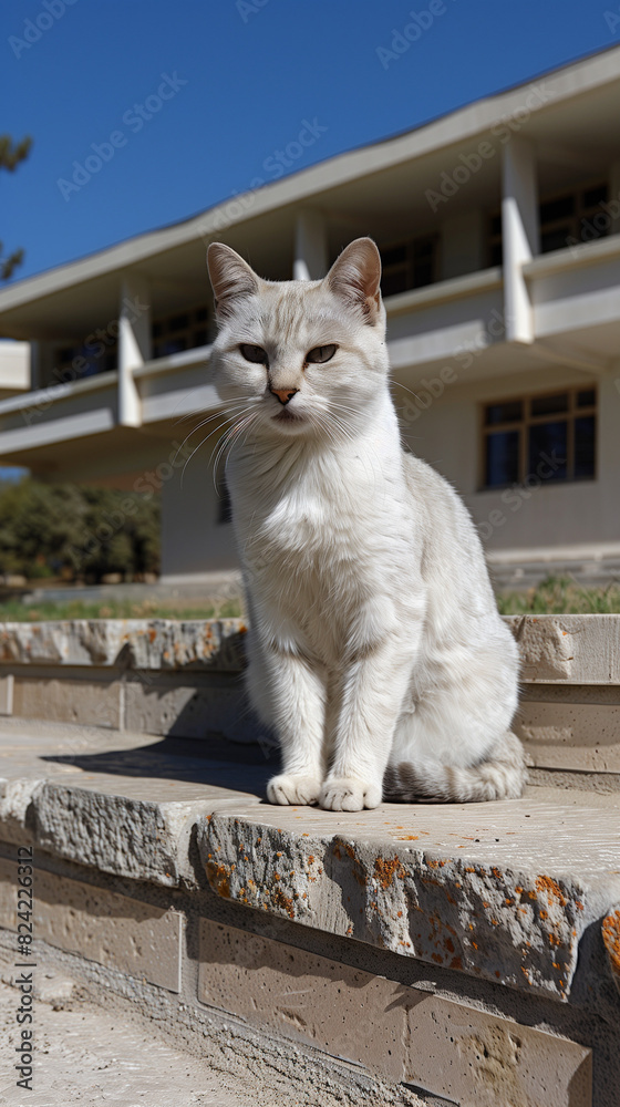 Obraz premium White cat sitting on stone steps with a modern building background under a clear blue sky