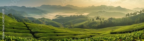 The green tea fields  create an endless sea under the morning sun and mountains in the distance