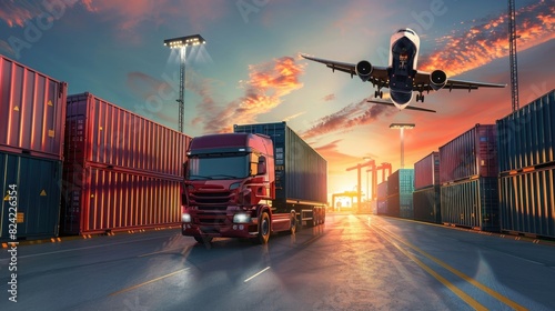 Digital composition of cargo truck and container in port with flying plane for logistics, transportation and global business background concept photo