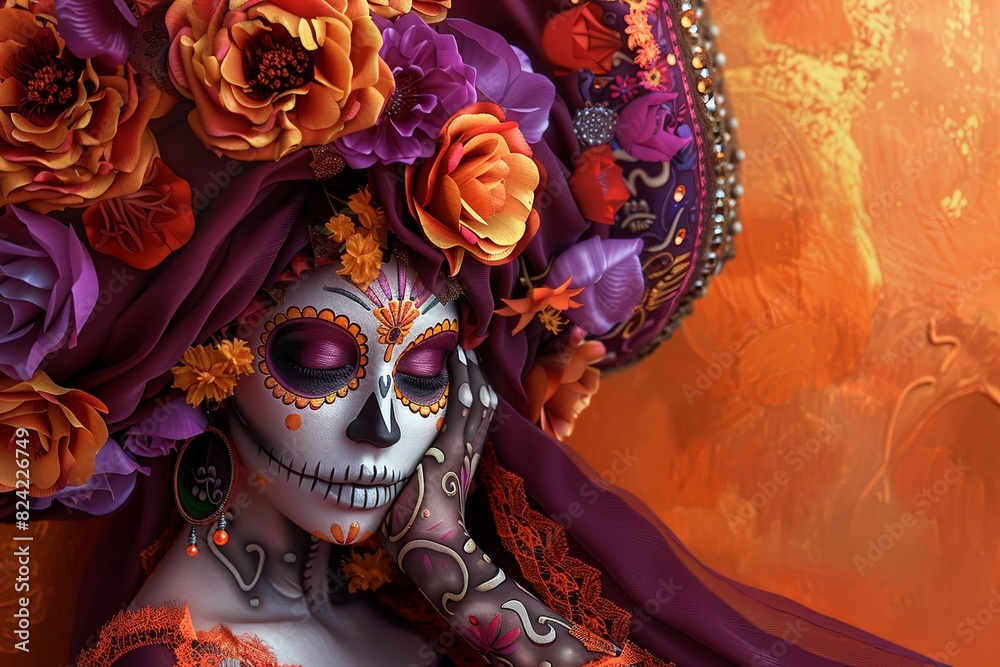 Fototapeta premium Day of the Dead Catrina statue in colorful traditional attire. Celebrating Mexican culture
