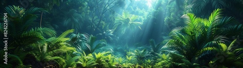The rainforest foliage creates a green canopy, with sunlight filtering through leaves, casting magical patterns of light and shadow on the ground.