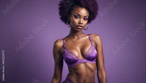 pretty african woman in purple seductive stylish underwear posing on plain studio background