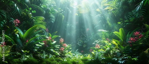 A vibrant green canopy overhead filters beams of sunlight through dense leaves, casting a magical dance of light and shadow on the forest floor.