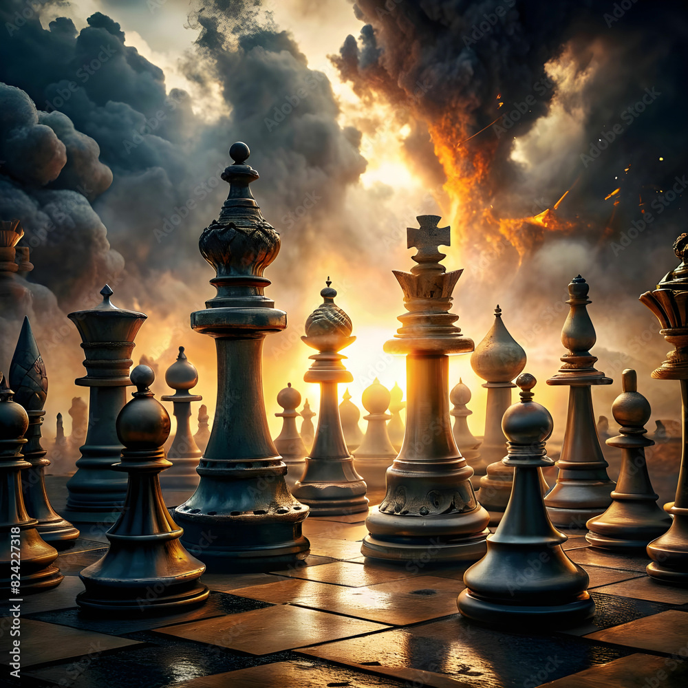 assortment of chess pieces with dramatic scenery assortment of chess pieces with dramatic scenery