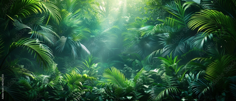 Background Tropical. The rainforest foliage, dripping with moisture, features leaves glistening with tiny droplets that sparkle like diamonds in the sunlight.