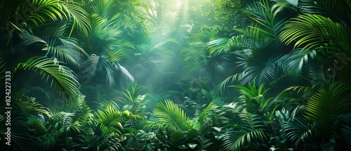 Background Tropical. The rainforest foliage, dripping with moisture, features leaves glistening with tiny droplets that sparkle like diamonds in the sunlight. © BlockAI