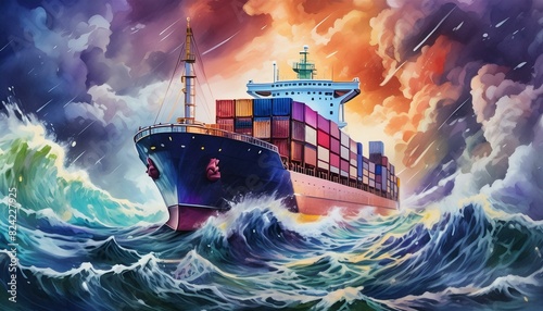 container ship in the ocean during an incredibly powerful storm, dramatic sky, watercolor illustration