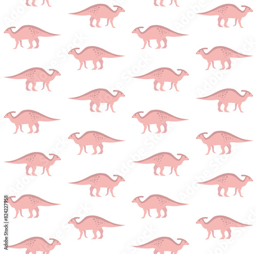 Vector seamless pattern of flat hand drawn pink parasaurolophus dinosaur isolated on white background