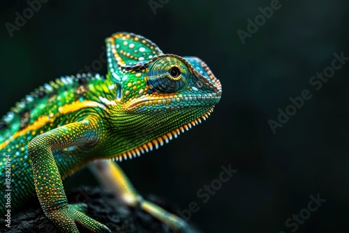 Colorful chameleon perched on rocky outcrop against vibrant green and yellow background in tropical wildlife setting