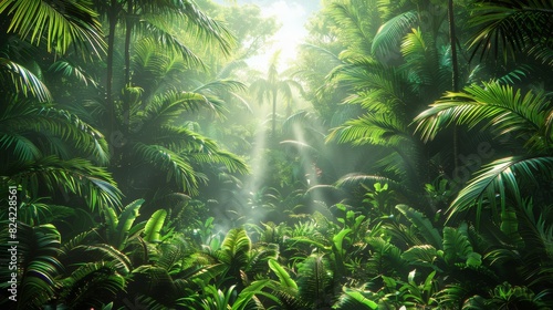Background Tropical. The rainforest foliage is a botanist's paradise, filled with countless plant species of unique shapes, textures, and colors, enhancing the forest's biodiversity. © BlockAI