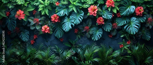 Background Tropical. The rainforest's dense foliage conceals vibrant flowers that burst in dazzling colors, their bright petals shining against the green expanse. © BlockAI