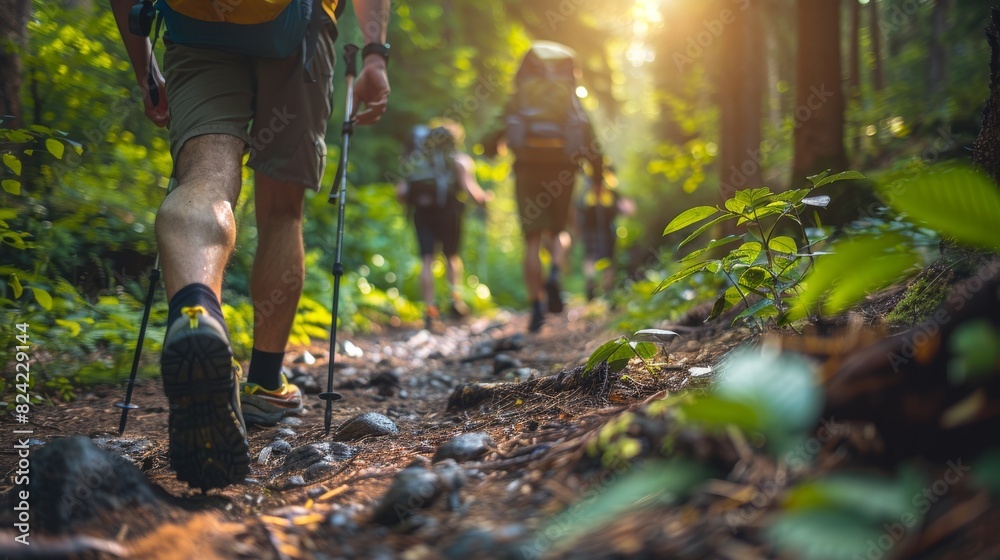 Group of hikers trekking on a forest trail during sunlight, surrounded by lush green foliage, focusing on legs and hiking gear. Group of hikers trekking on a forest trail during sunlight, surrounded by lush green foliage, focusing on legs and hiking gear.