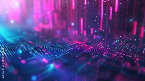 digital stock market background with charts and graphs. abstract technology wallpaper design with glowing light effect. blue, purple and pink color.