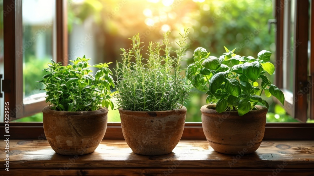 Potted herbs on a windowsill basking in morning sunlight. Fresh oregano, thyme, and basil growing indoors for home cooking. Potted herbs on a windowsill basking in morning sunlight. Fresh oregano, thyme, and basil growing indoors for home cooking.