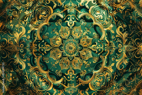 Intricate abstract pattern in rich tones of green and gold  forming a detailed  luxurious design
