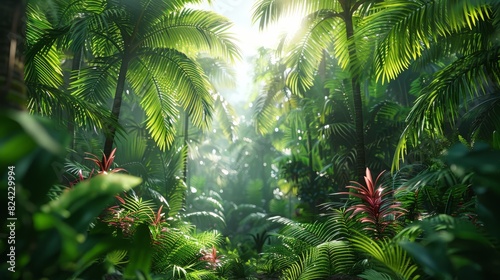 Background Tropical. The lush foliage is a living tapestry of green, with broad leaves, fronds, and vines all vying for space and sunlight. photo